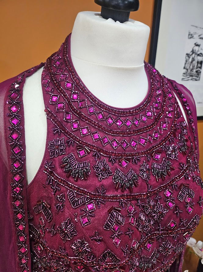 Wine embellished dhoti skirt cape set
