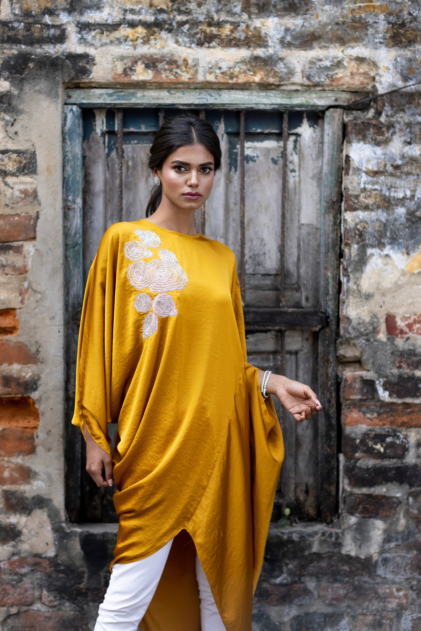 Embroidered drape tunic
