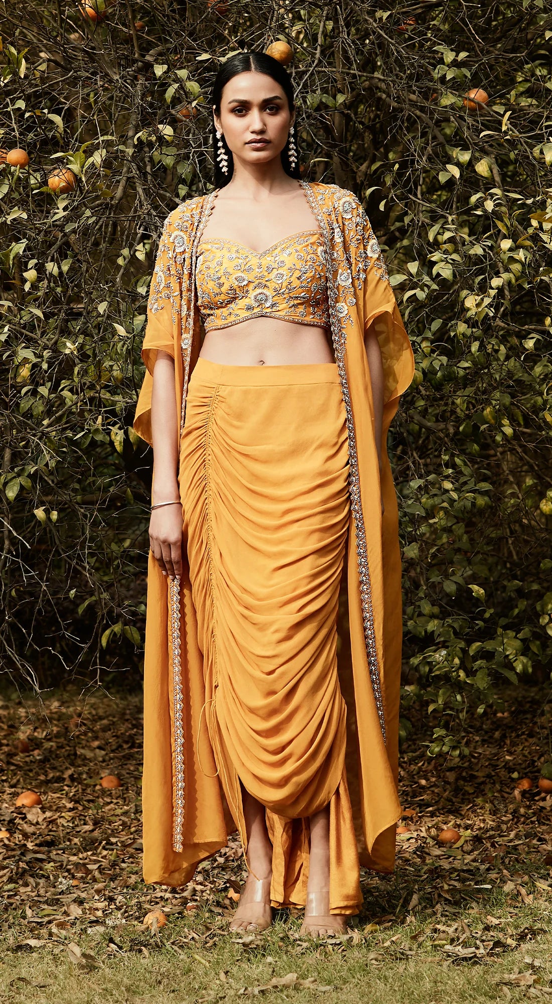 Mustard embroidered cape set