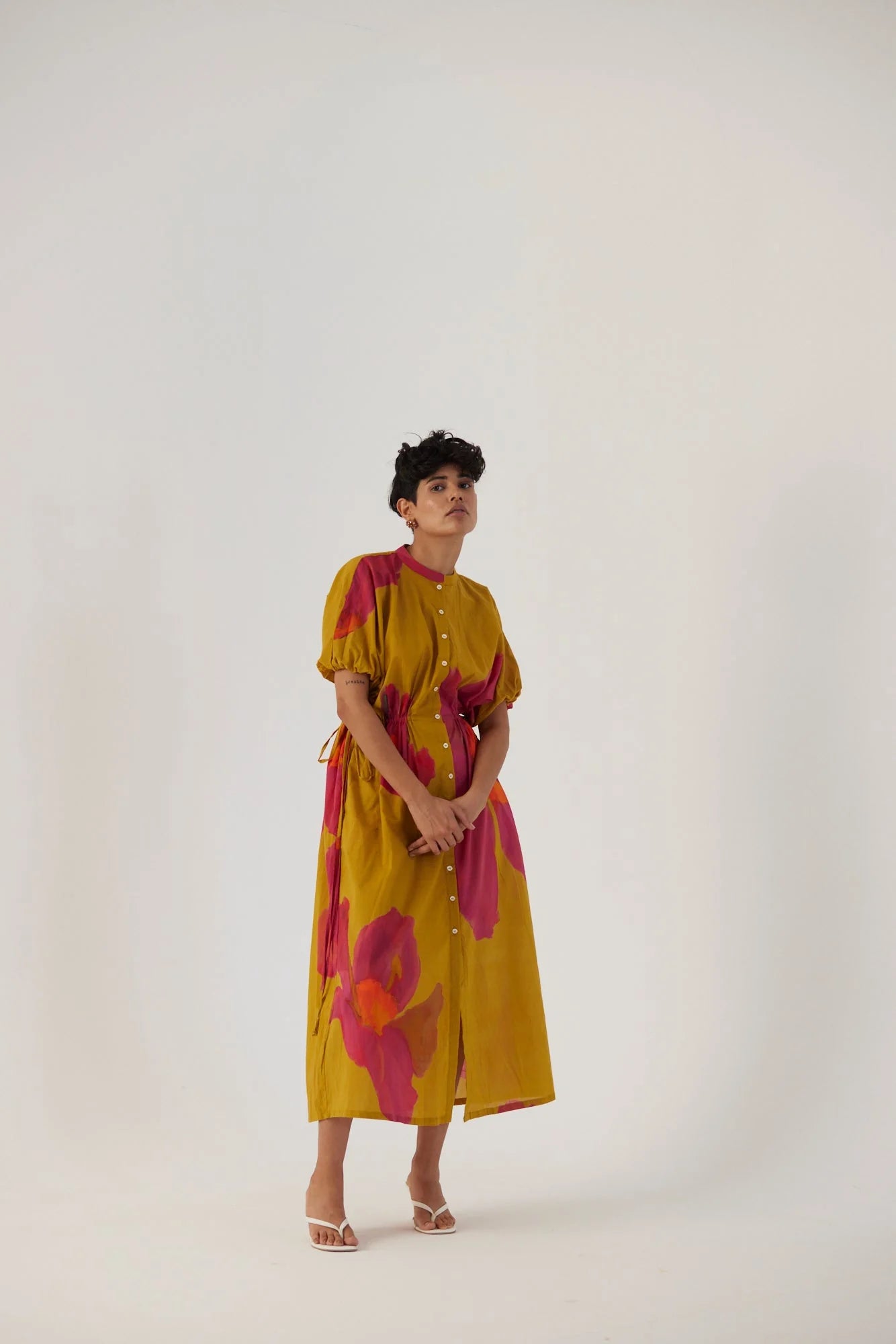 Pink mustard tie up dress