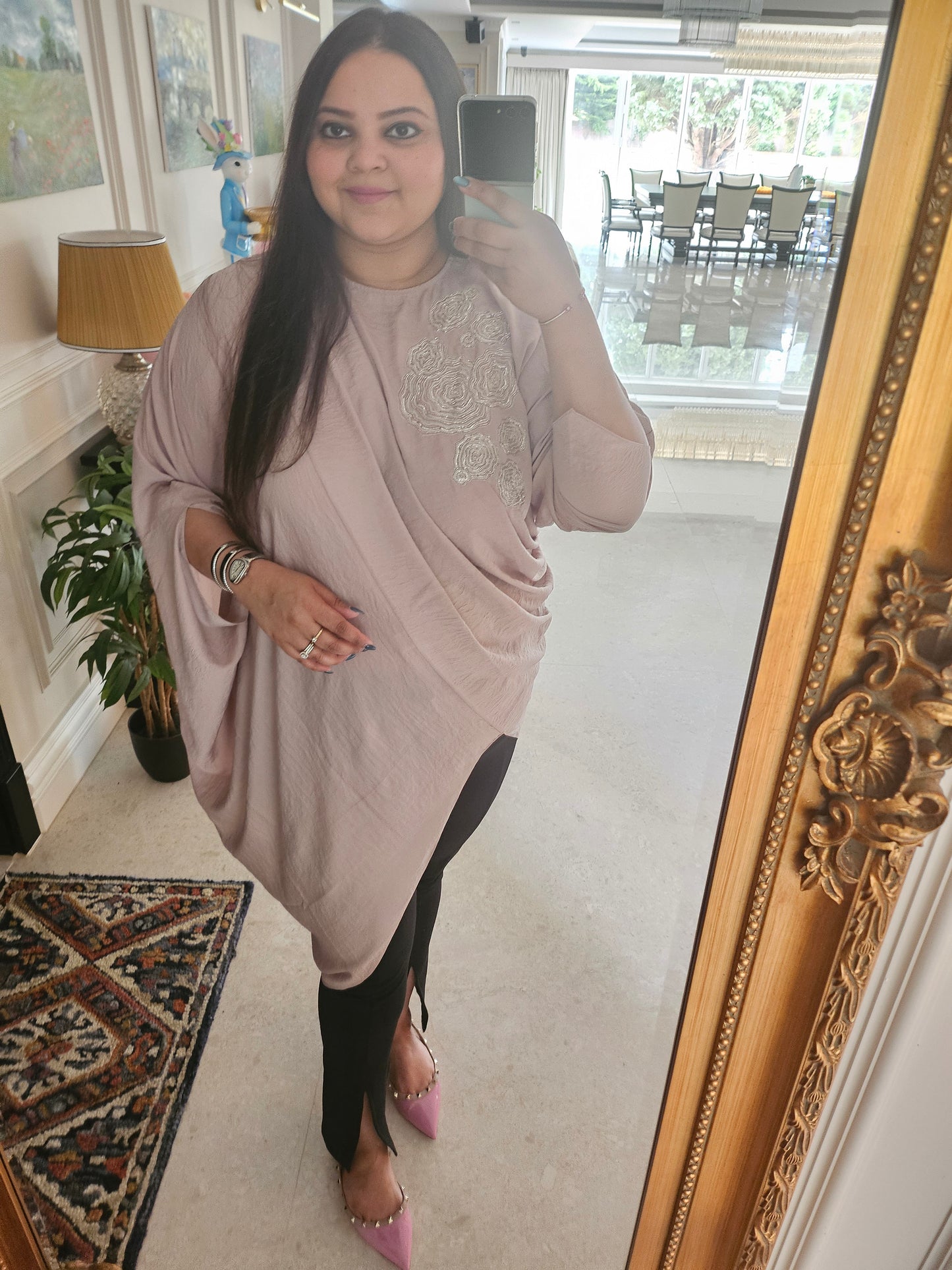 Embroidered drape tunic dusty pink