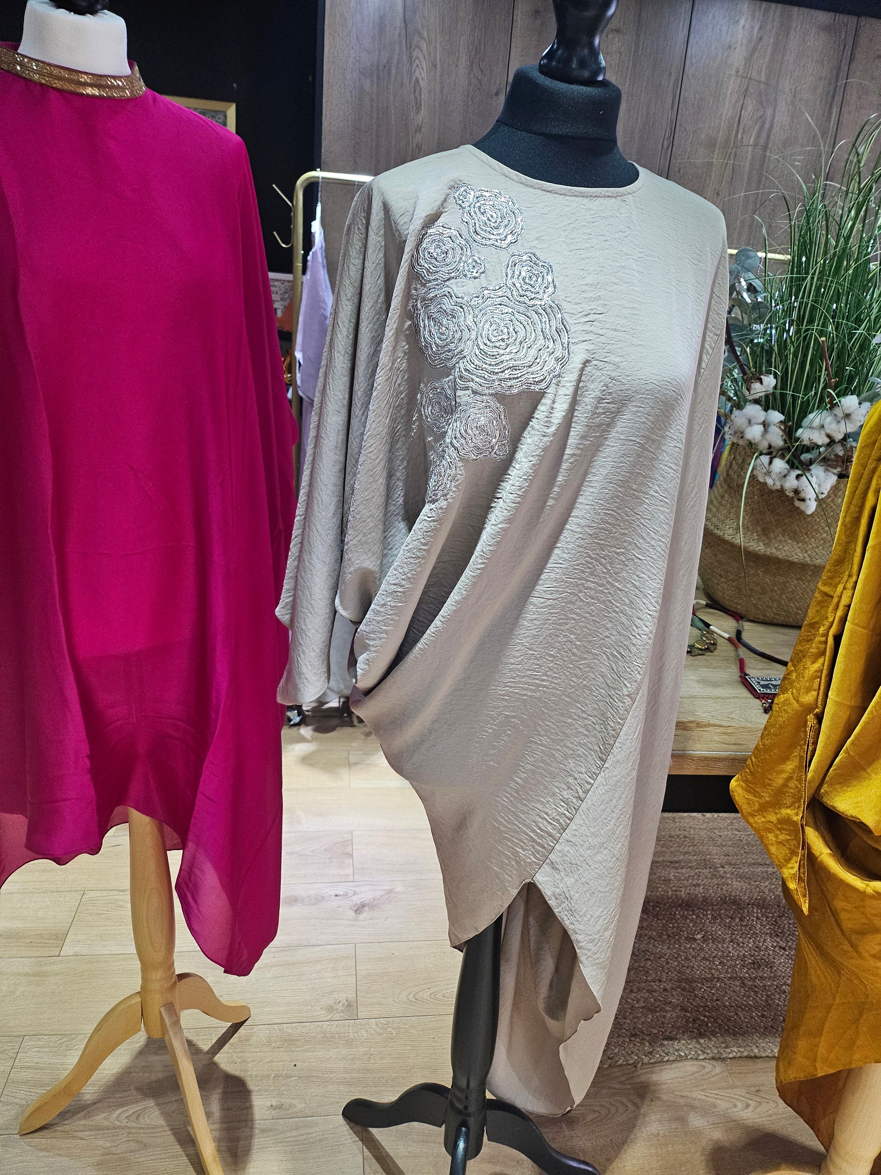 Embroidered drape tunic beige