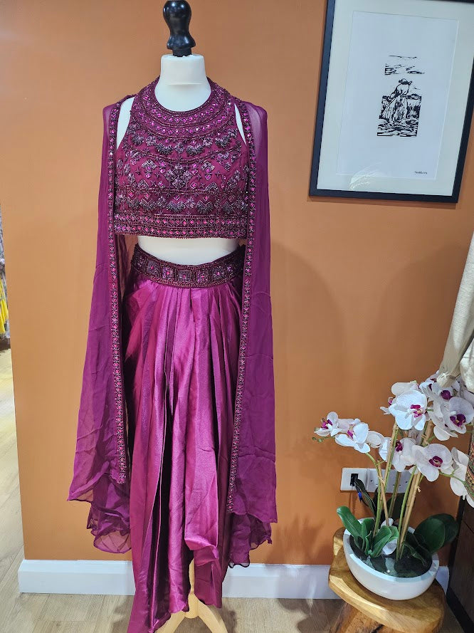 Wine embellished dhoti skirt cape set
