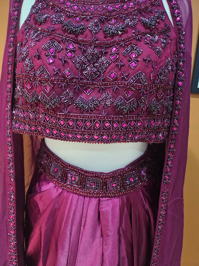 Wine embellished dhoti skirt cape set