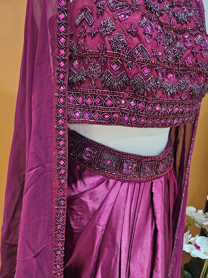 Wine embellished dhoti skirt cape set