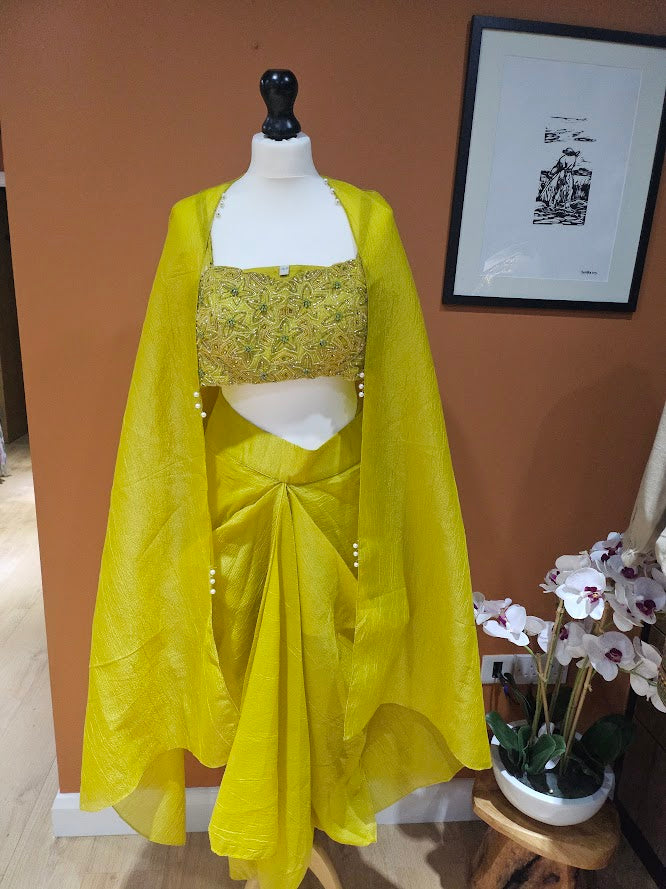 Yellow dhoti skirt cape set