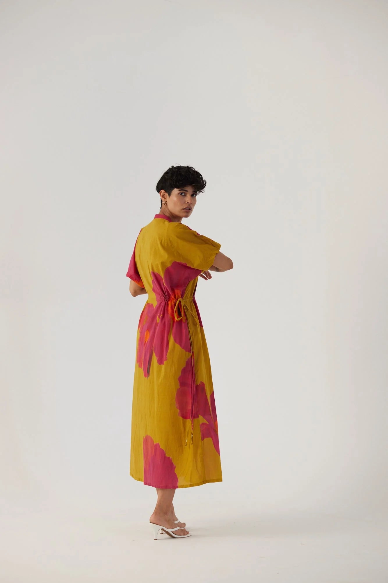 Pink mustard tie up dress