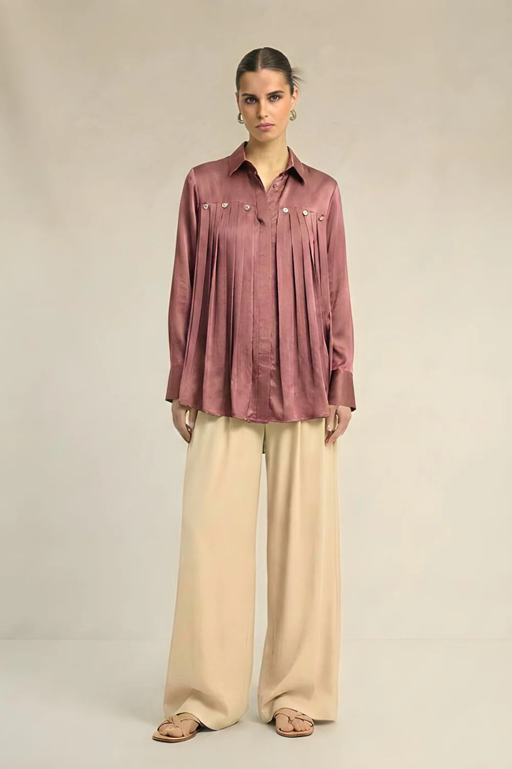 Silk shirts brick red pleated embellished