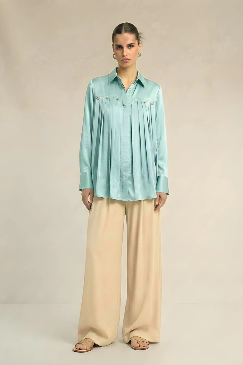Silk shirts ivory blue pleated embellished