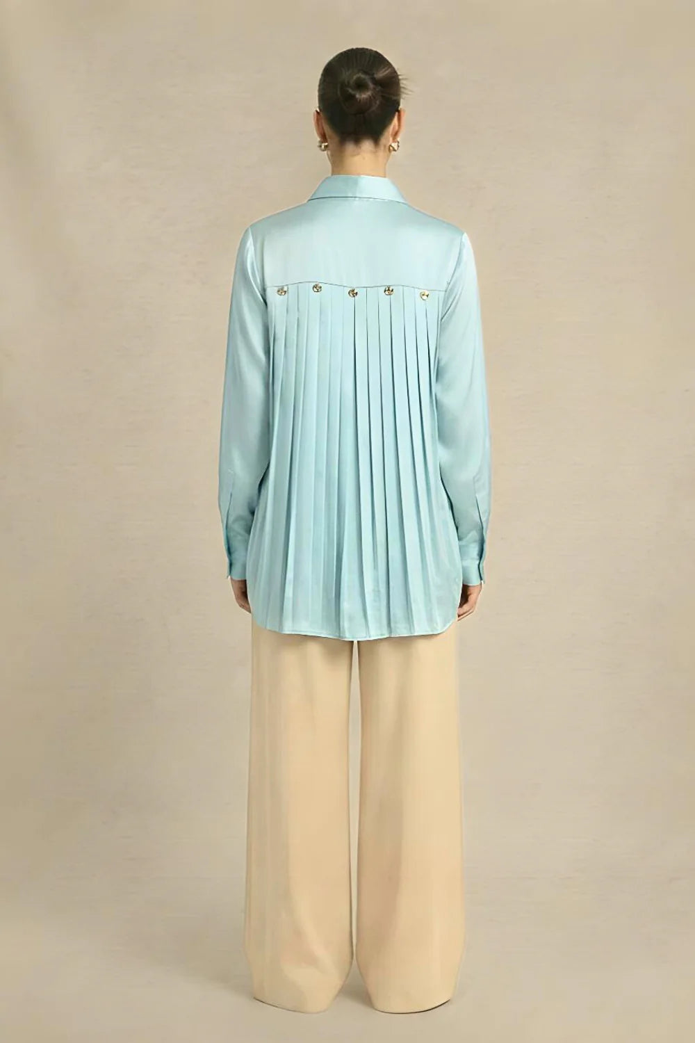 Silk shirts ivory blue pleated embellished