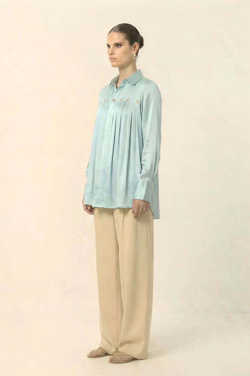 Silk shirts ivory blue pleated embellished