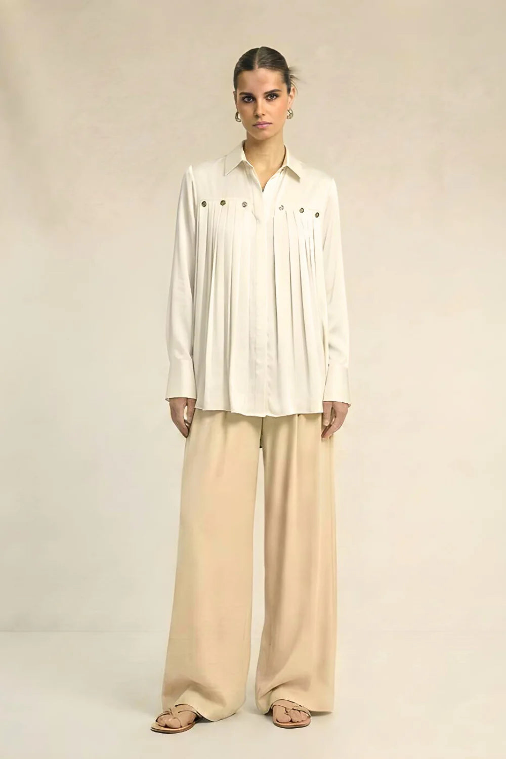 Silk shirts ivory white pleated embellished