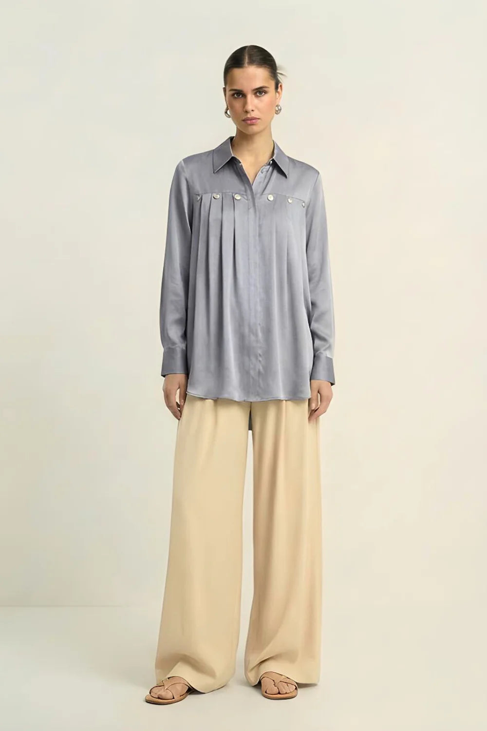 Silk shirts grey pleated embellished