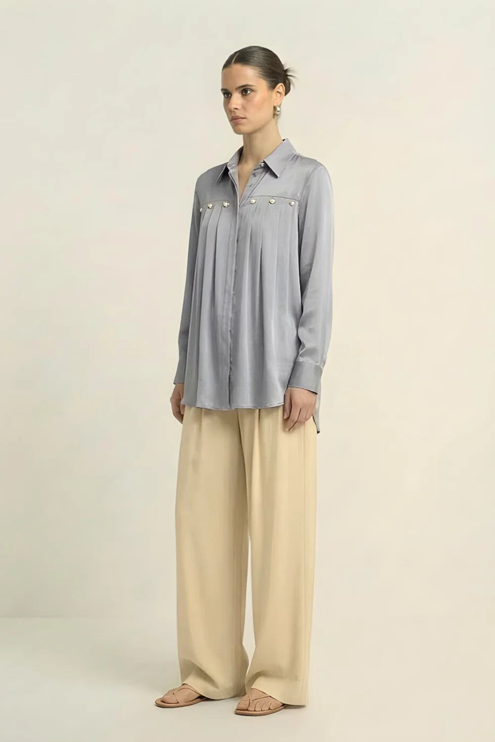 Silk shirts grey pleated embellished