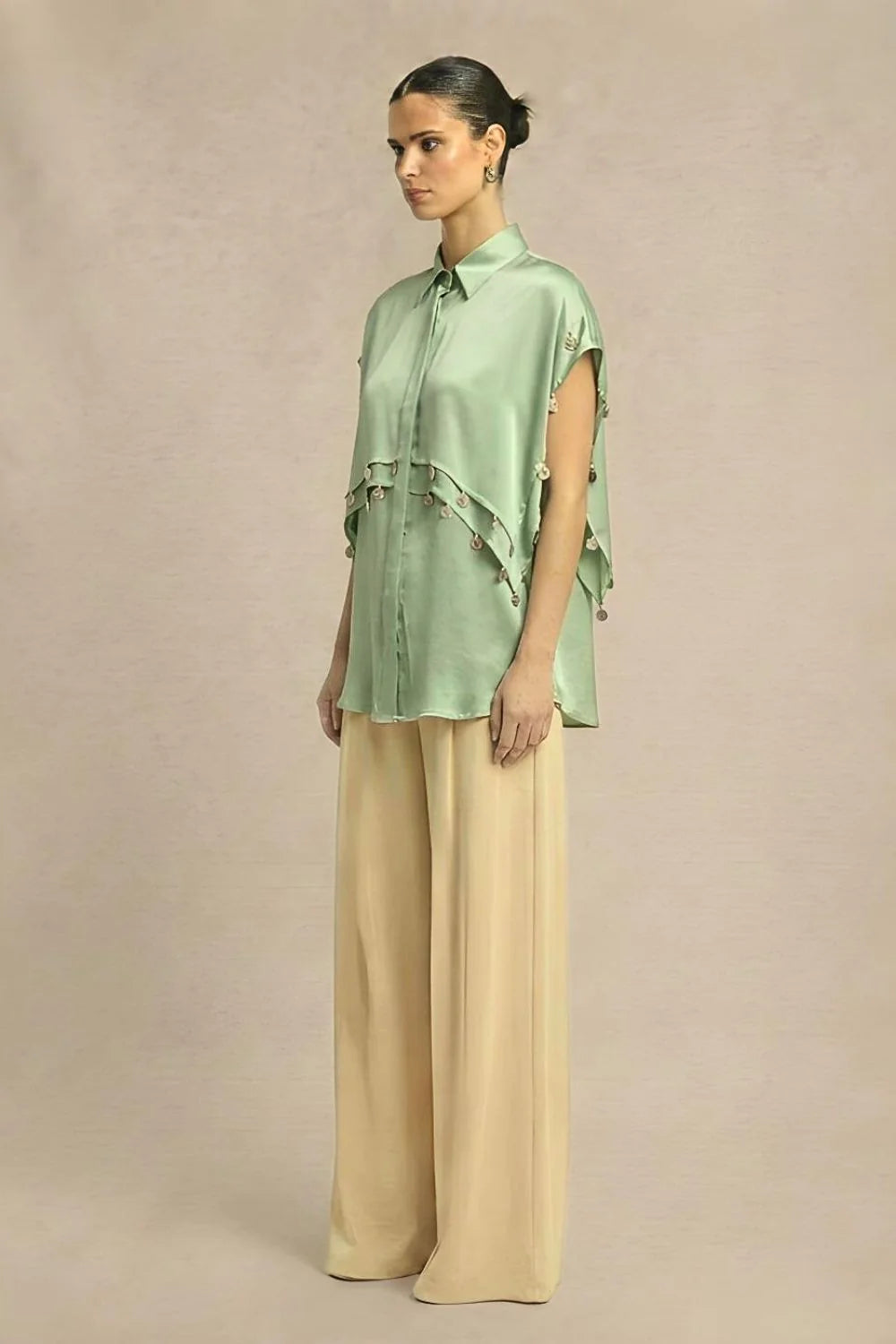 Silk green coin flap shirt