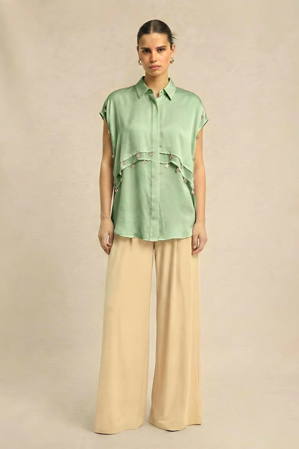 Silk green coin flap shirt
