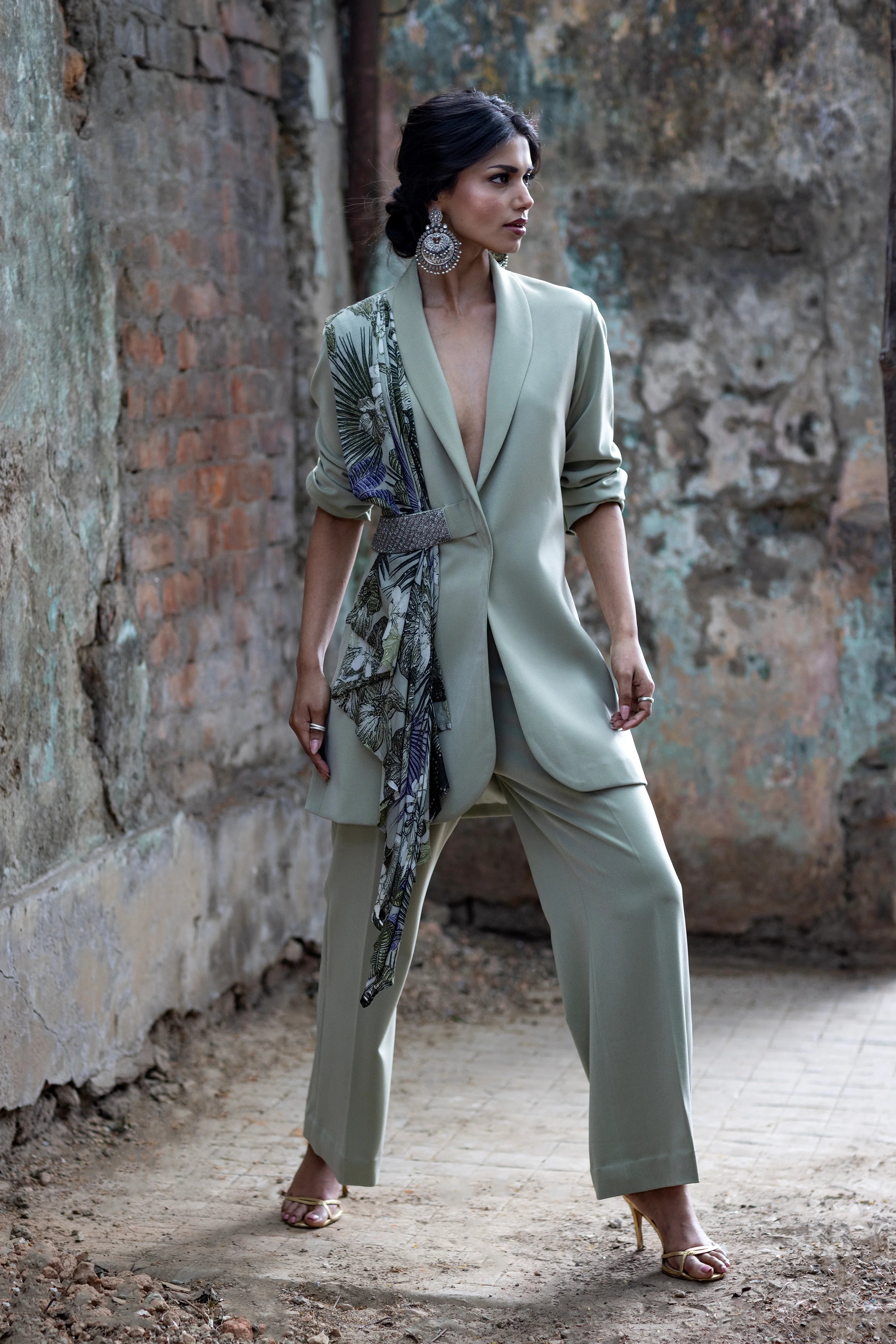 Sage blazer set with scarf