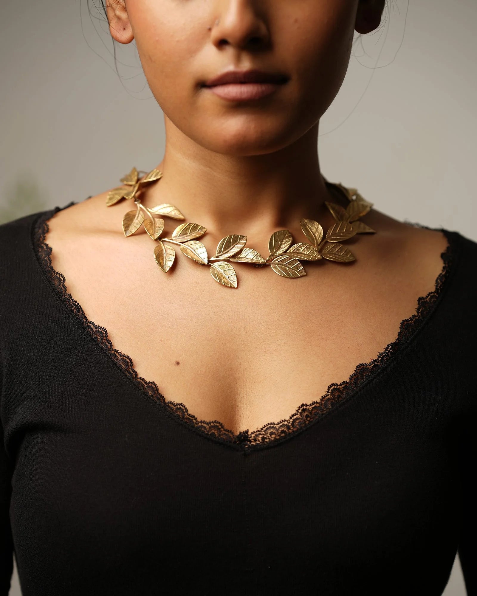 Aparajita leaf brass necklace