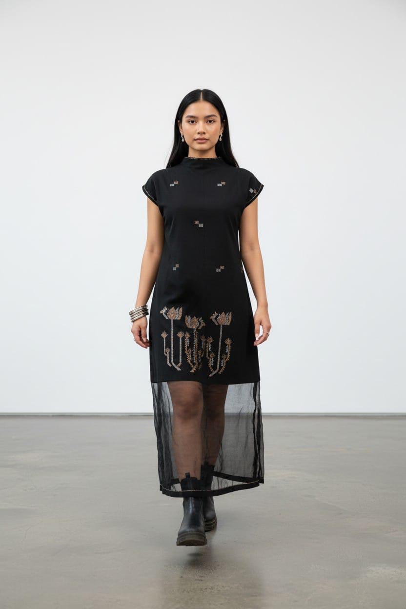 Black zari lotus jamdani dress