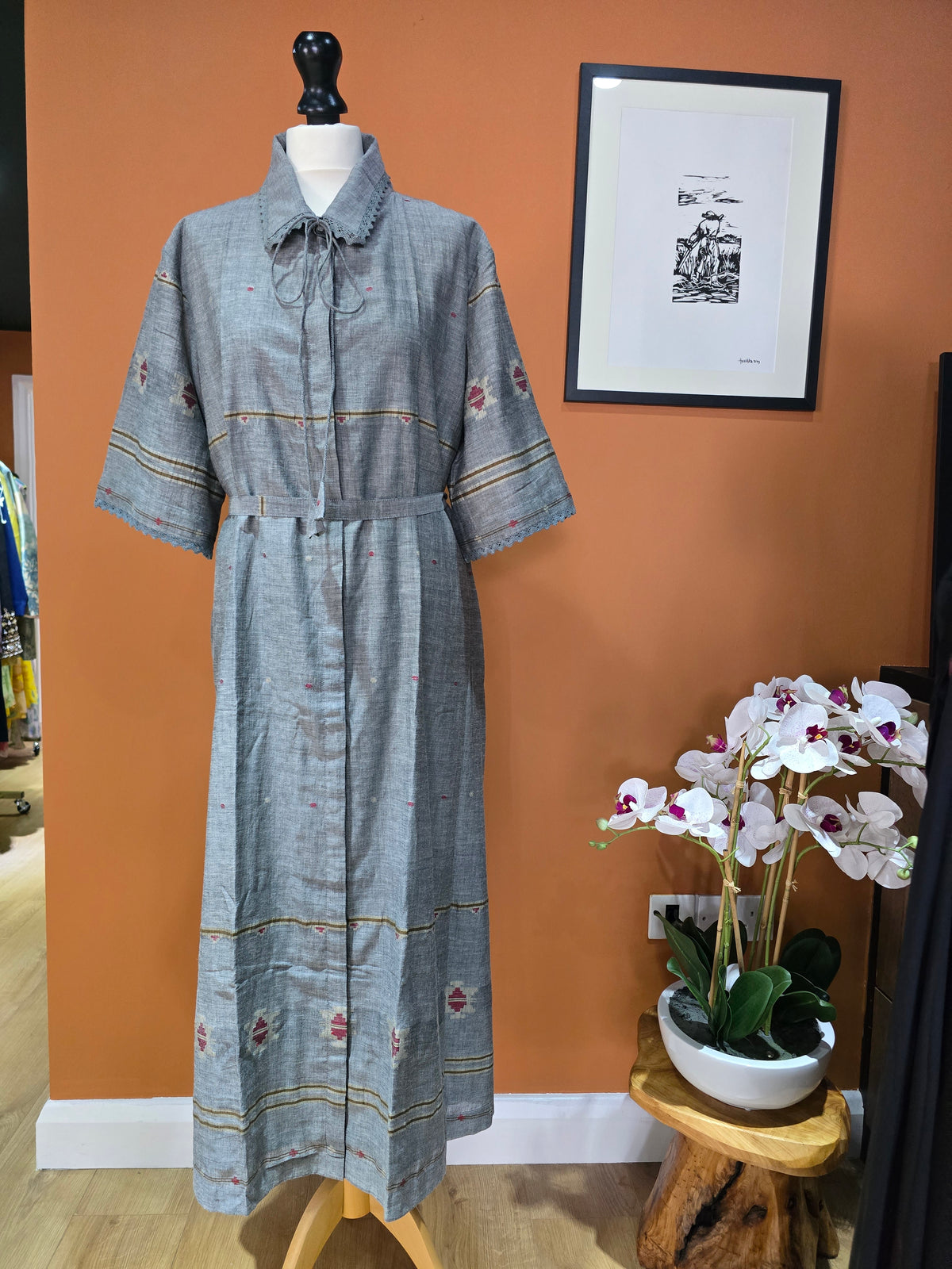 Grey red jamdani dress