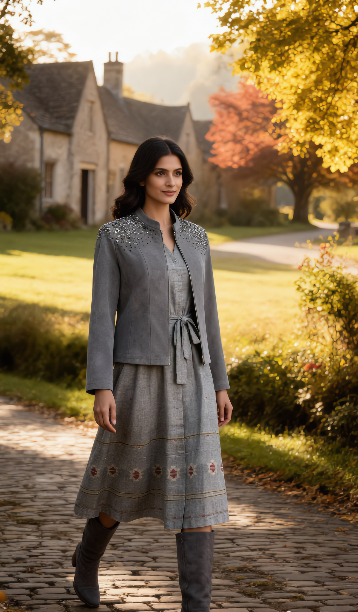 Grey red jamdani dress